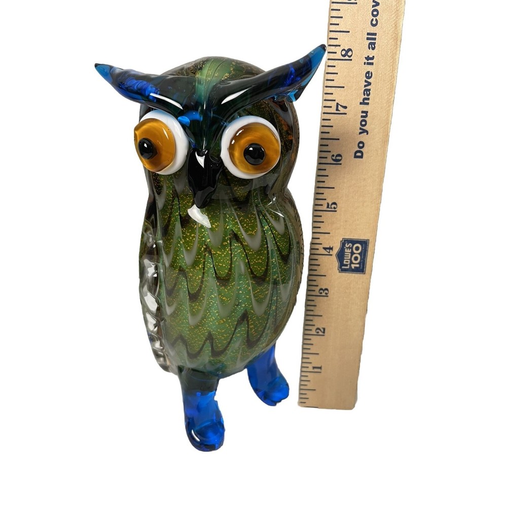 Murano Style Art Glass Owl Decorative Figurine Blue Green Amber Heavy 8” Tall